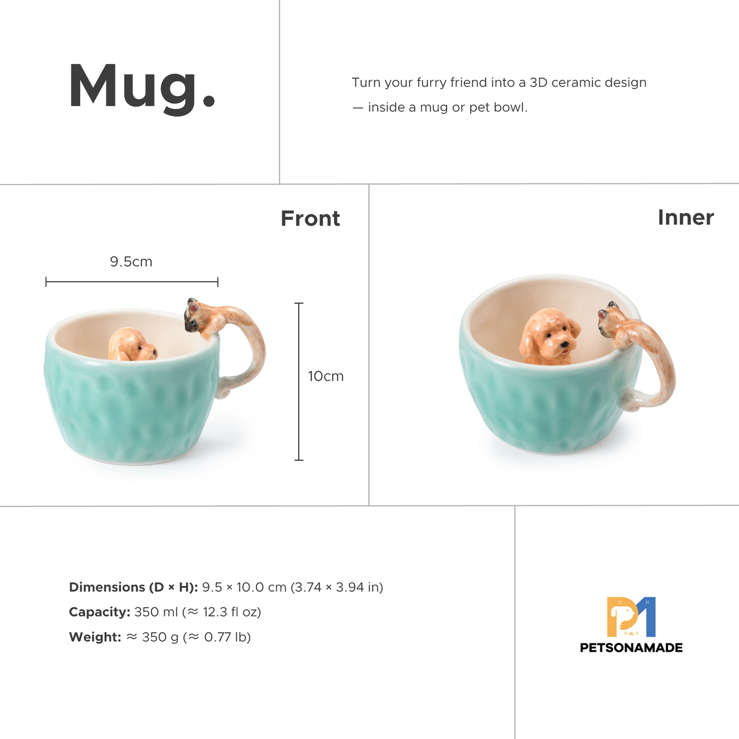 PetsonaMade Personalised Hand-Pinched Pet Portrait Coffee Mug (350 ml, Pet-Themed Handle)