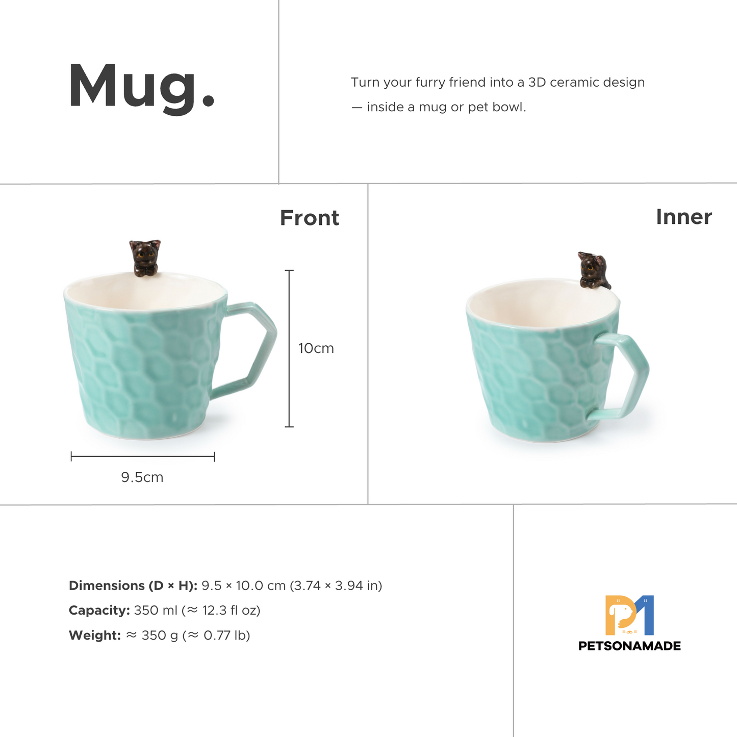 PetsonaMade Personalised Hand-Pinched Pet Portrait Coffee Mug (350 ml, Classic Handle)