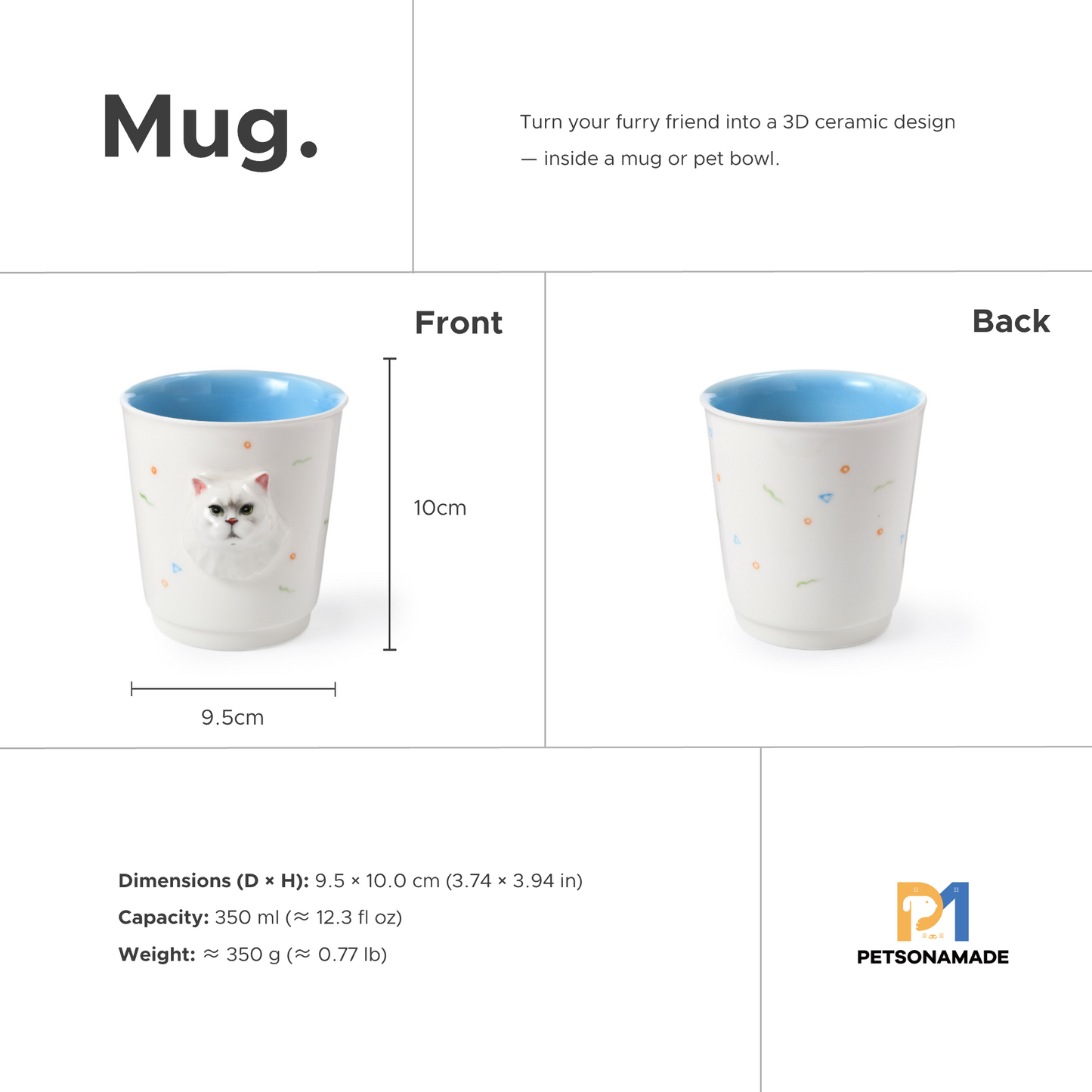 PetsonaMade Personalised 3D Hand-Painted Pet Portrait Coffee Mug (350 ml)