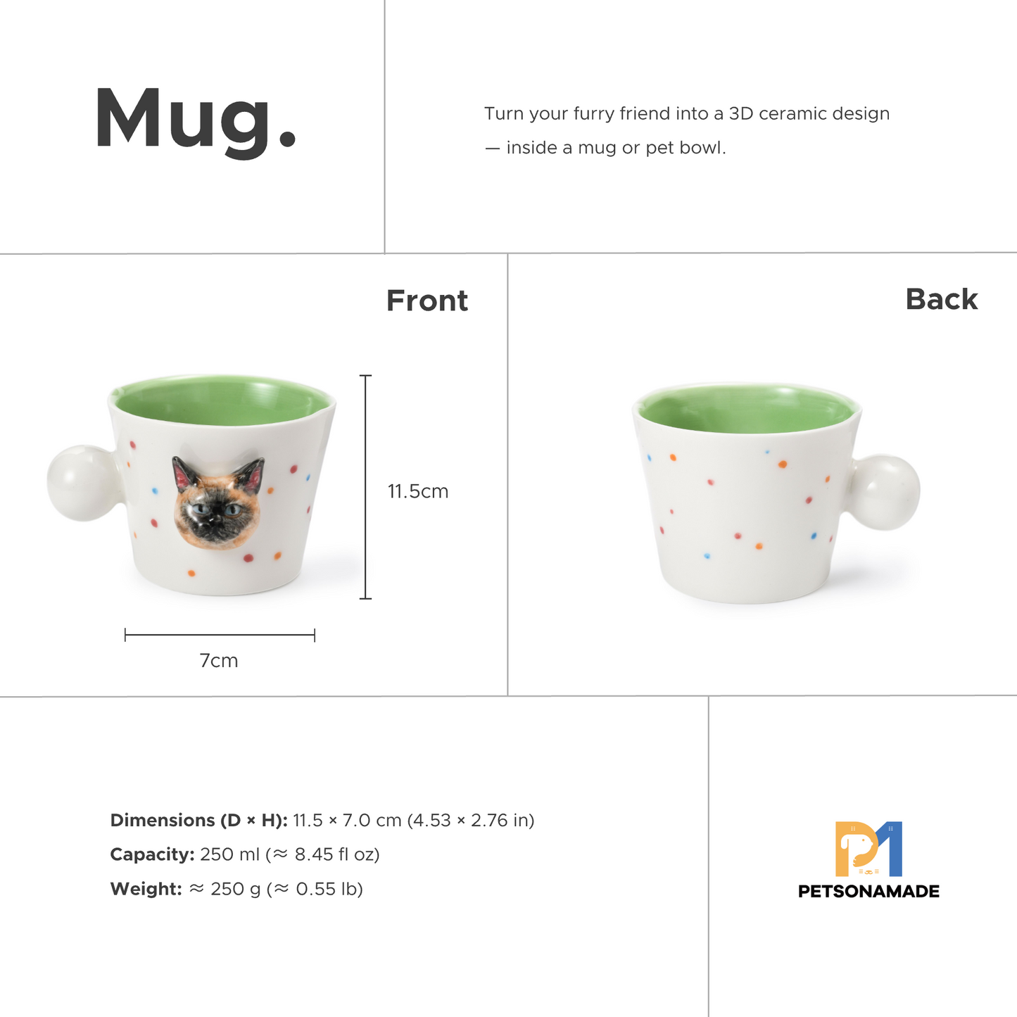 PetsonaMade Personalised 3D Hand-Painted Pet Portrait Coffee Mug (250 ml)