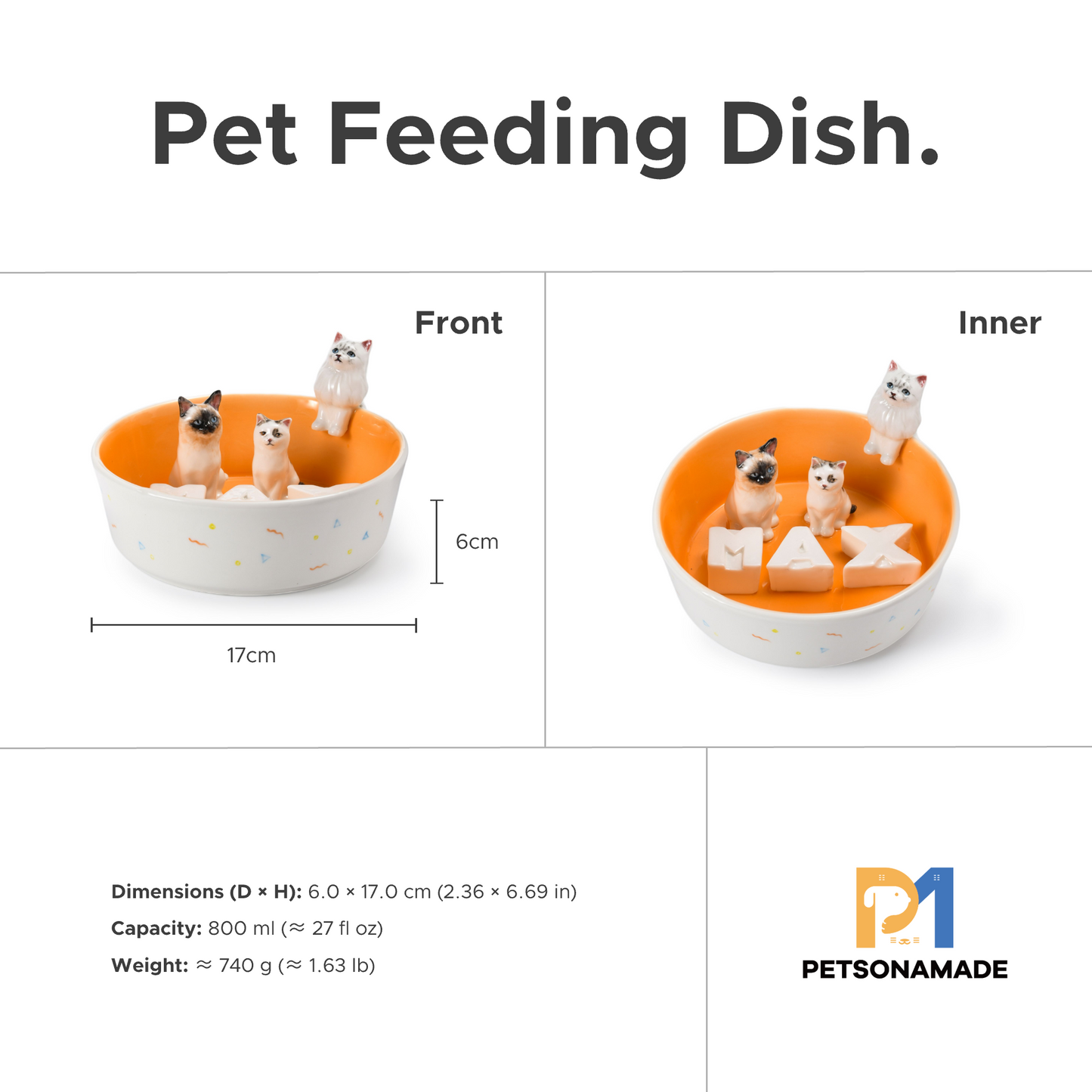 PetsonaMade Personalised Hand-Painted Pet Portrait Food Bowl (800 ml)