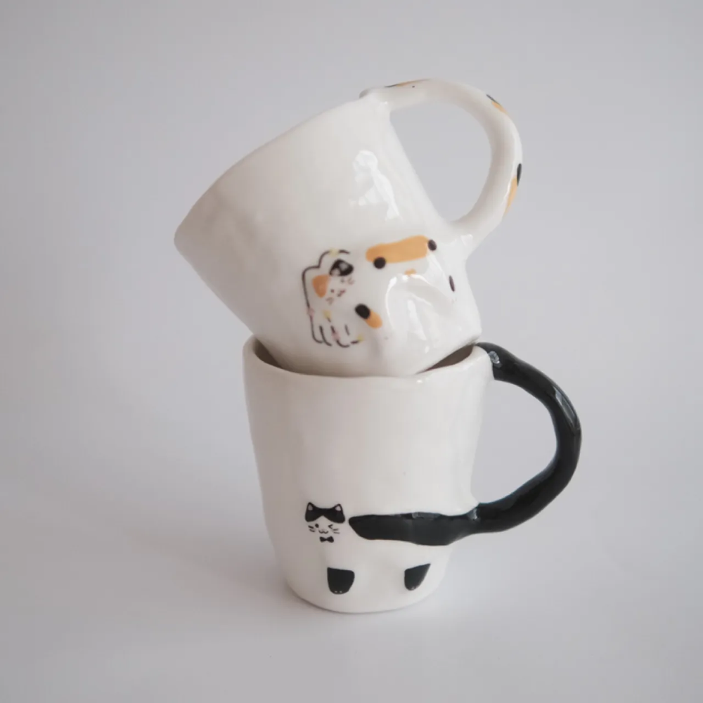 Couple Ceramic Cat-Handle Mug Set (7.4 fl oz × 2)