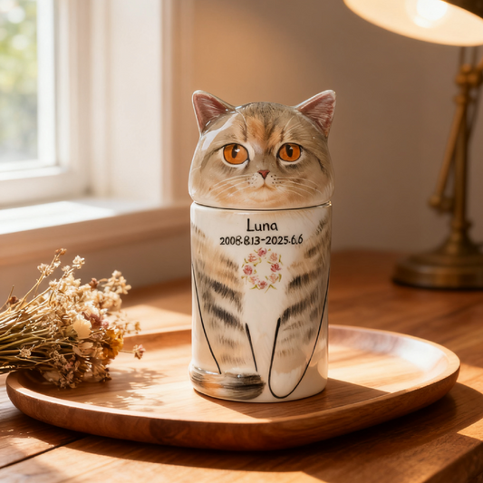 PetsonaMade Creative Ceramic Cat Urn – Handcrafted Memorial Keepsake with Custom Accessories (Deluxe Version)