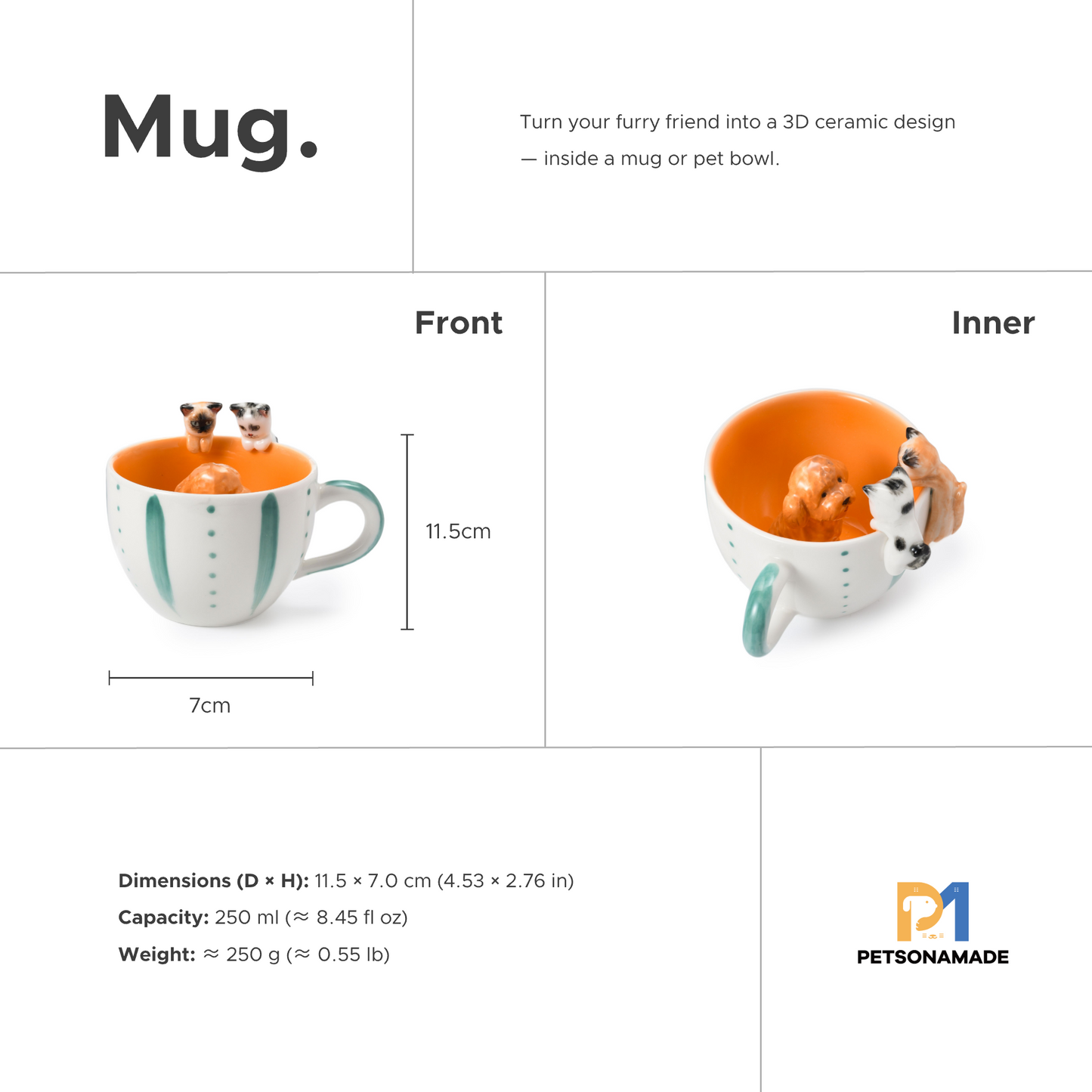 PetsonaMade Personalised 3D Hand-Painted Pet Portrait Coffee Mug – Sitting / Hanging Style (250 ml)