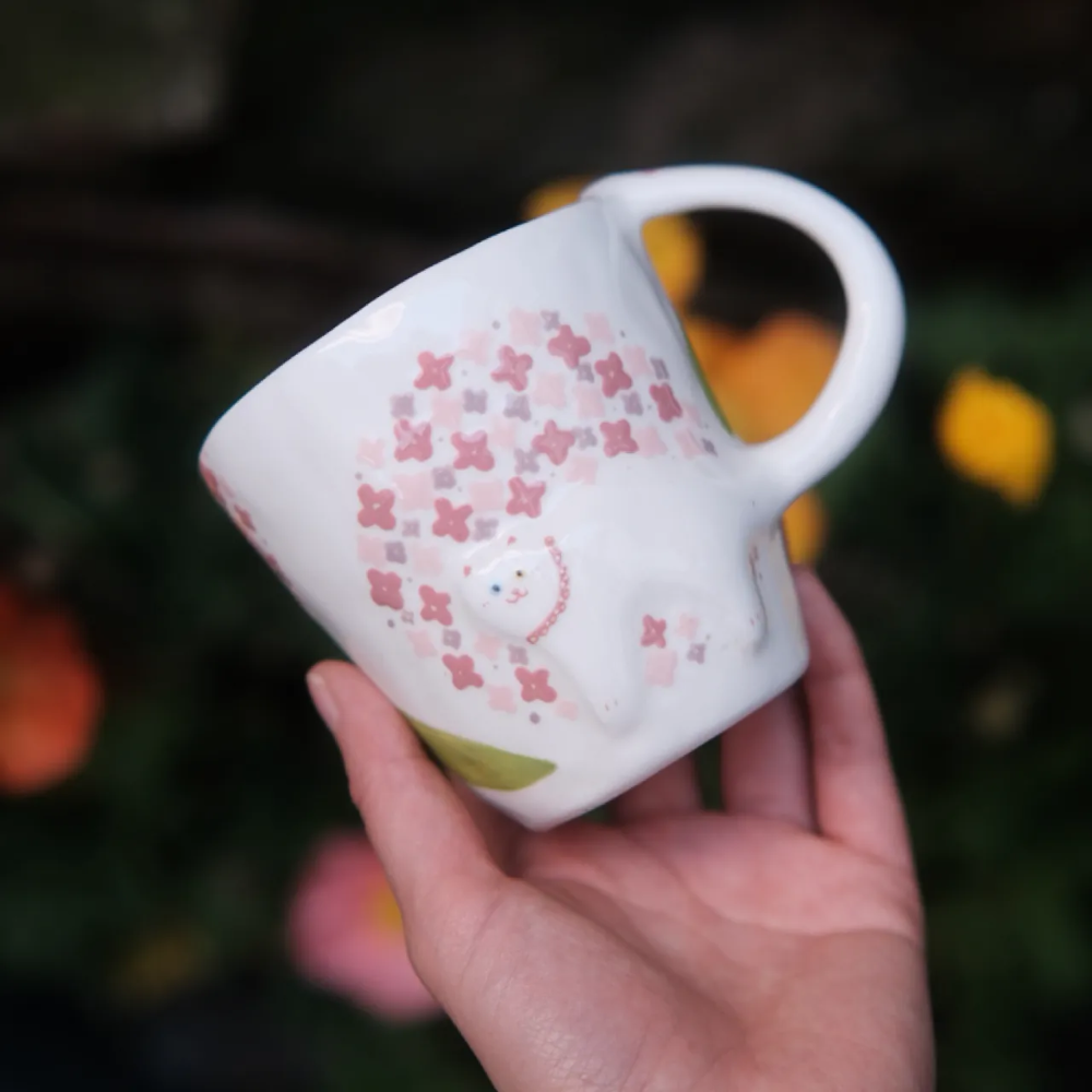 Handcrafted Floral Cat Mug – 7.4 fl oz