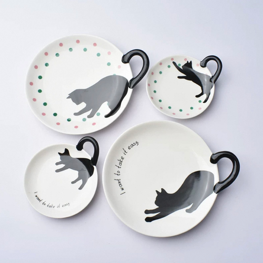 Cat Handle Ceramic Tableware Set – 4-Piece Artistic Dining Collection