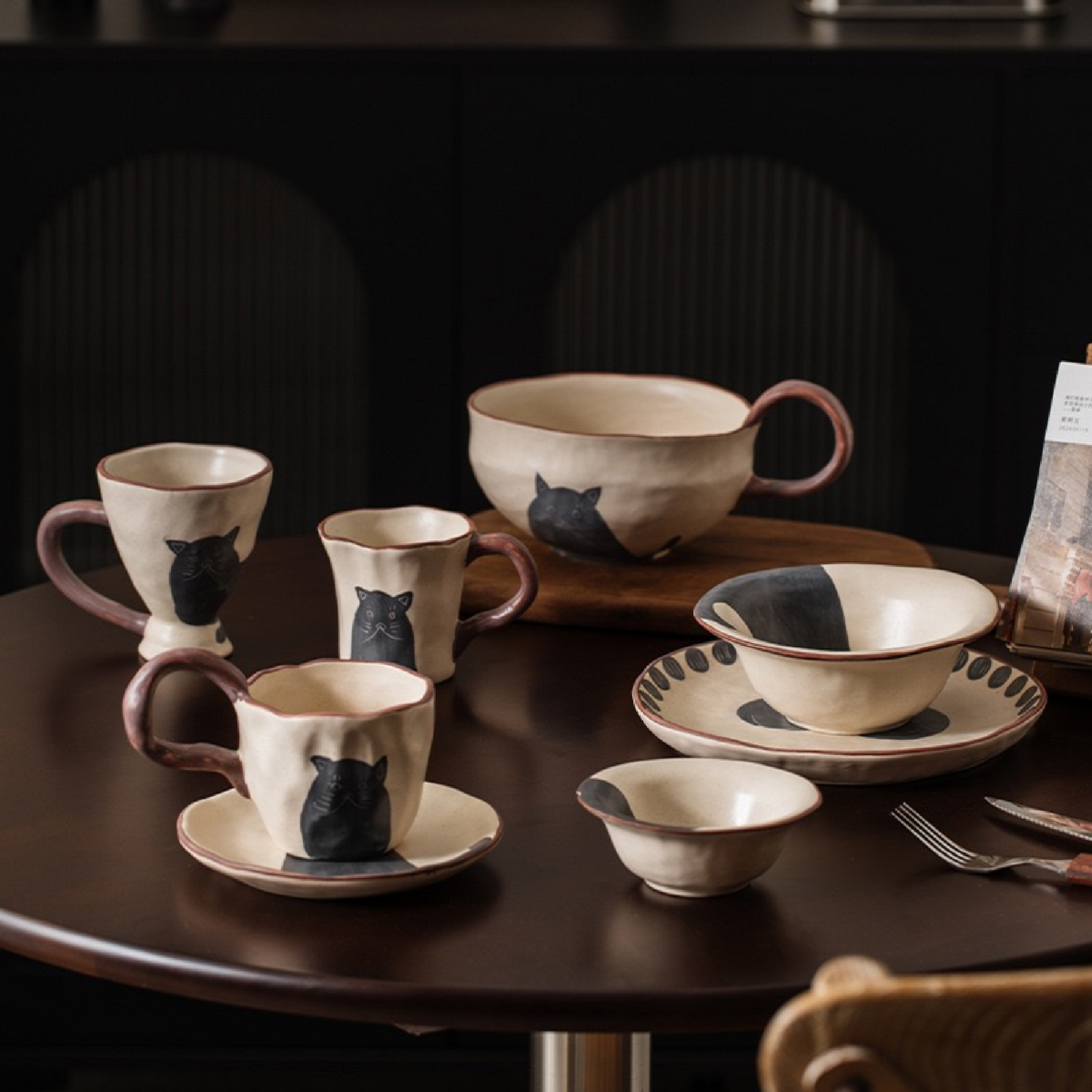 Hand-Painted Black Cat Ceramic Tableware Set