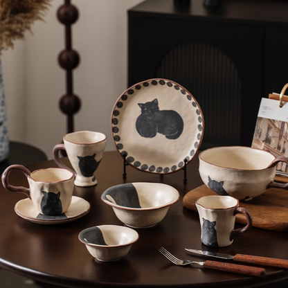Hand-Painted Black Cat Ceramic Tableware Set