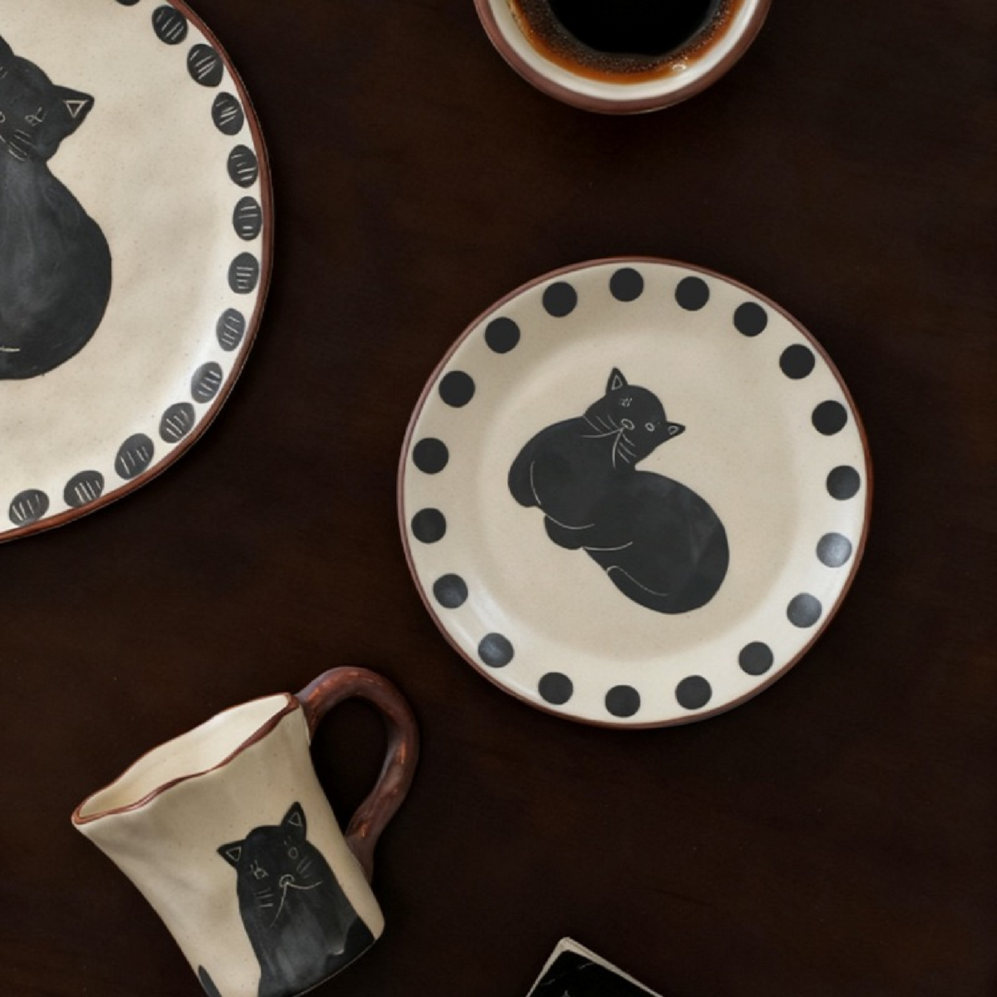 Hand-Painted Black Cat Ceramic Tableware Set