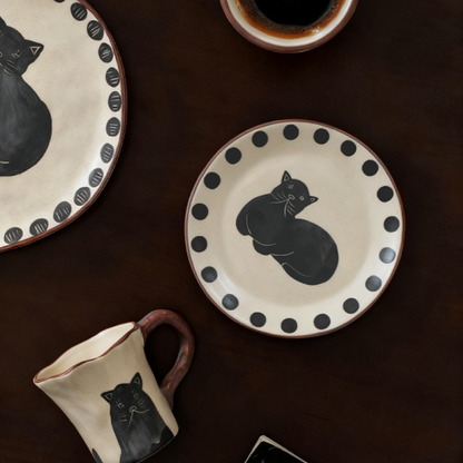 Hand-Painted Black Cat Ceramic Tableware Set