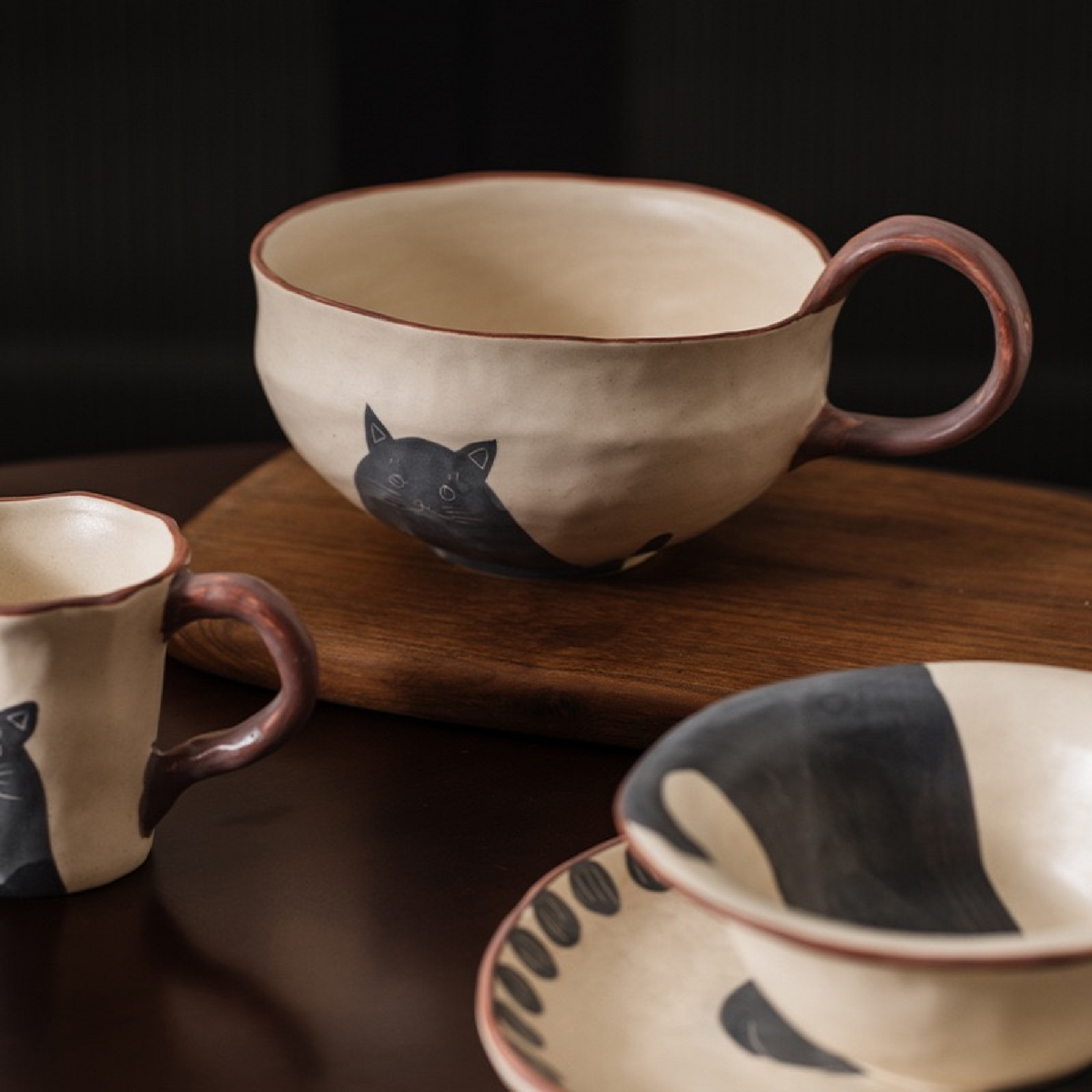 Hand-Painted Black Cat Ceramic Tableware Set
