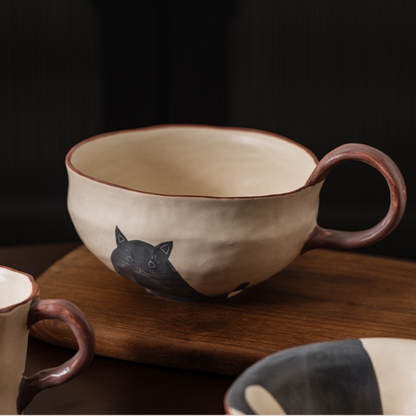 Hand-Painted Black Cat Ceramic Tableware Set