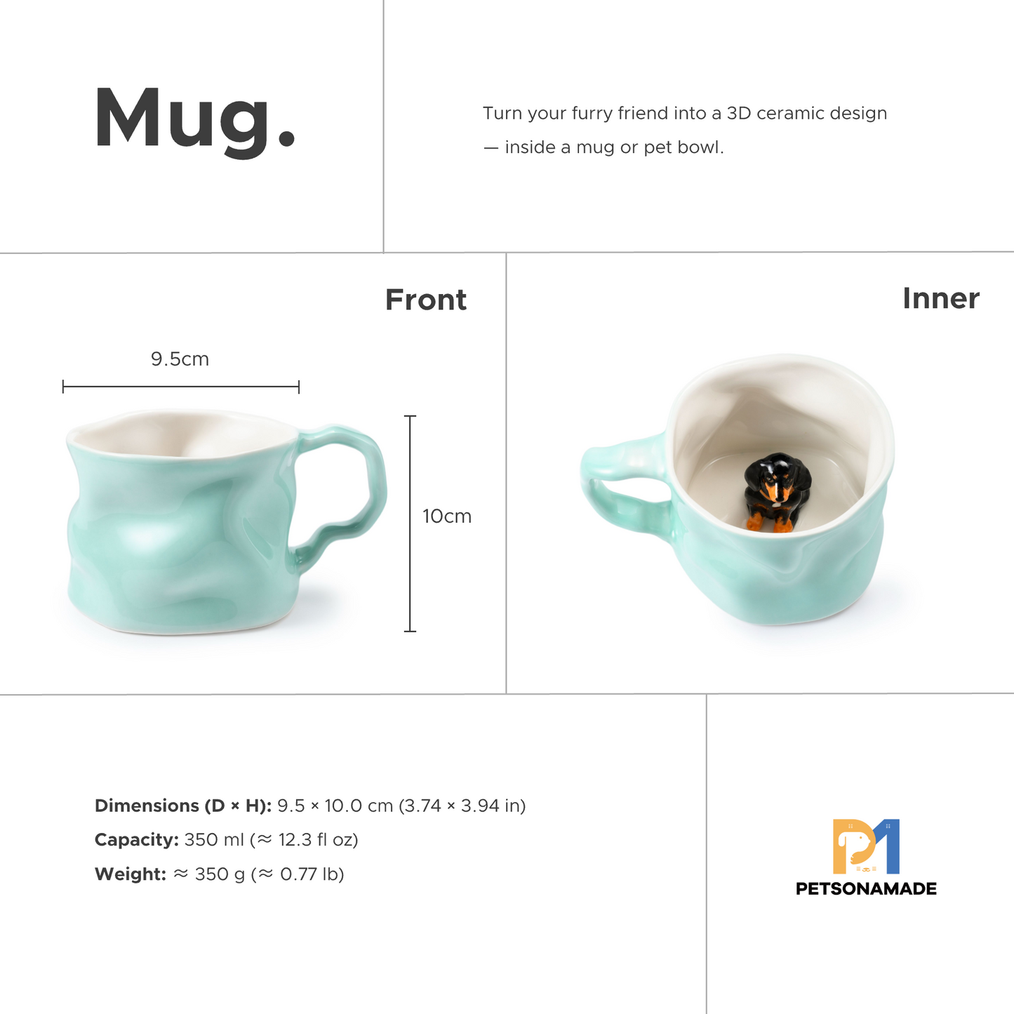 PetsonaMade Personalised Irregular 3D Hand-Painted Pet Portrait Coffee Mug (250 ml)